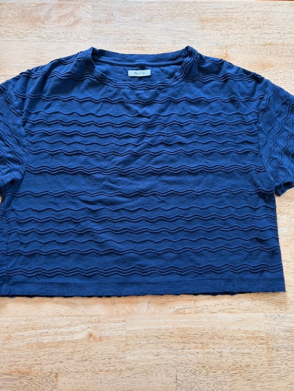 Madewell Navy Blue XL Cropped Short Sleeve Tee with Wavy Stripes